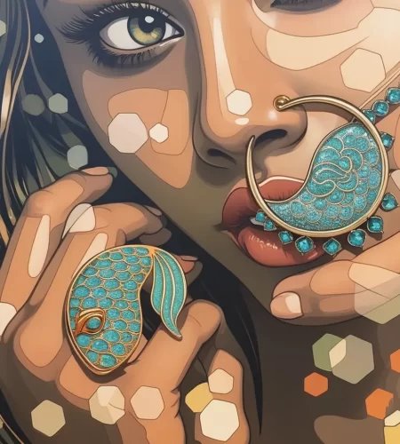 in-this-image-we-see-a-woman-with-a-nose-ring-and-a-gold-fish-ring-on-her-finger-she-is-depicted-i-513774352